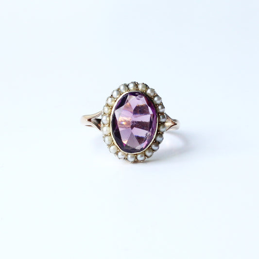 Antique 9ct Amethyst with Pearl Halo Ring