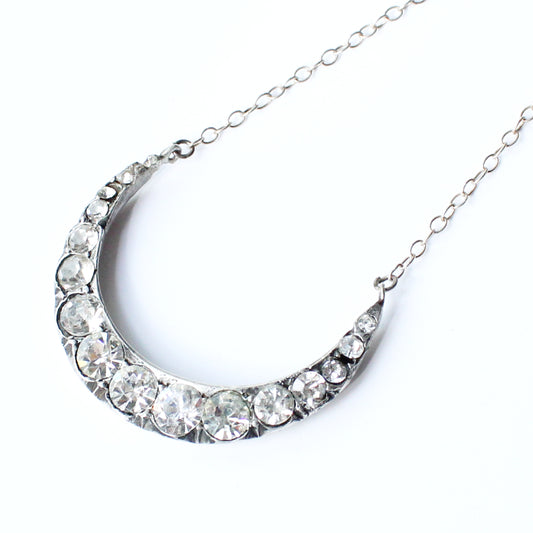 Antique Solid Silver Diamond Paste Moon Necklace