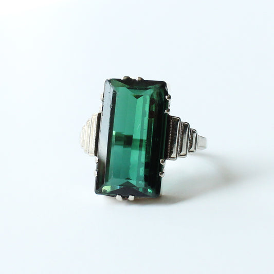 Art Deco 9ct White Gold Green Tourmaline Ring