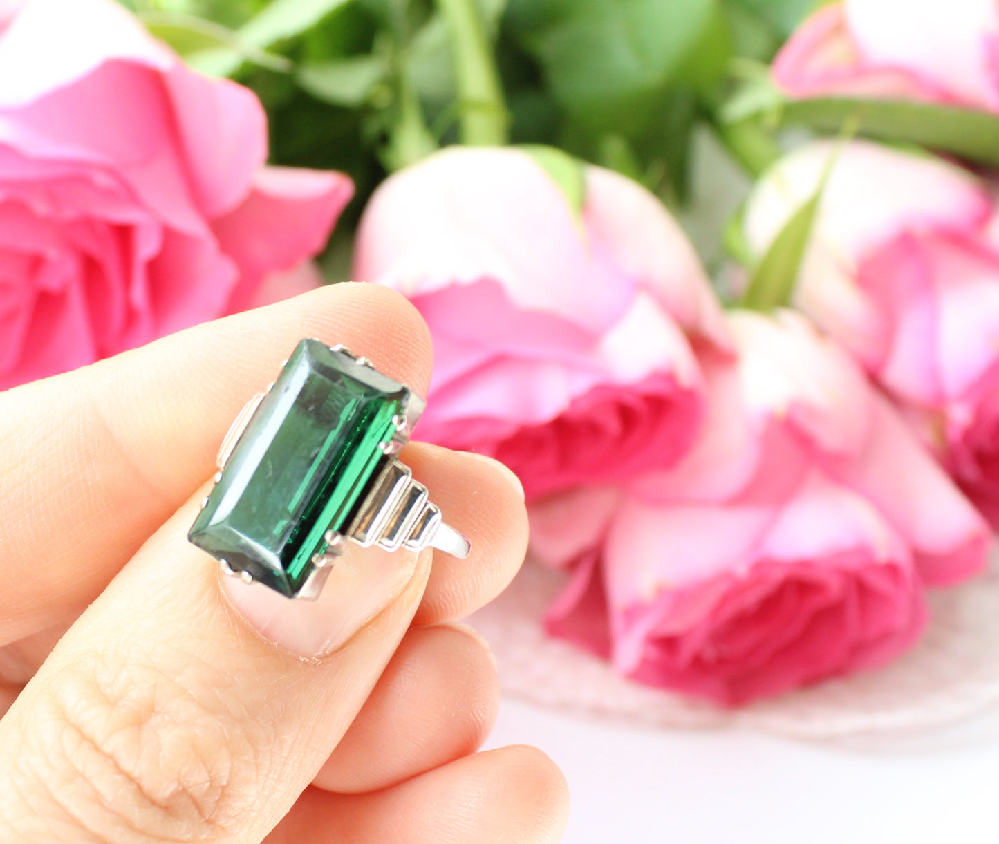 Art Deco 9ct White Gold Green Tourmaline Ring