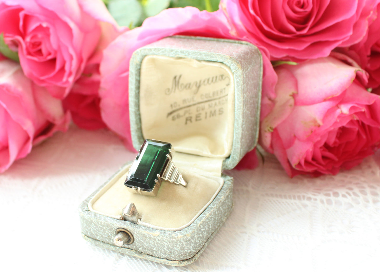 Art Deco 9ct White Gold Green Tourmaline Ring