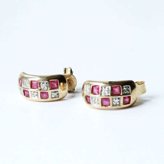 Vintage 9ct Gold Diamond & Ruby Half Hoop Earrings