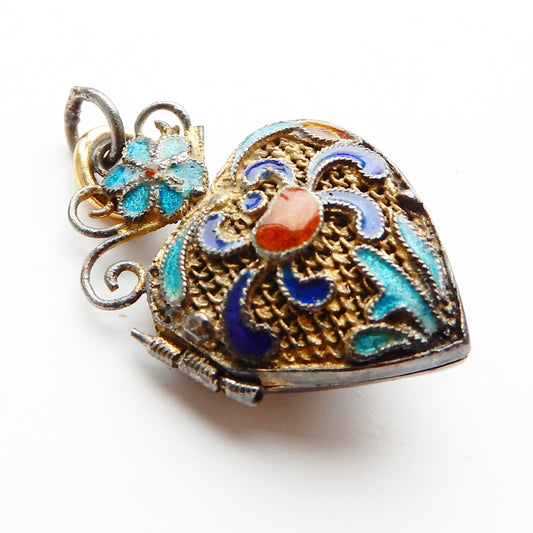 Antique Chinese Silver Gilt Enamel Filigree Locket