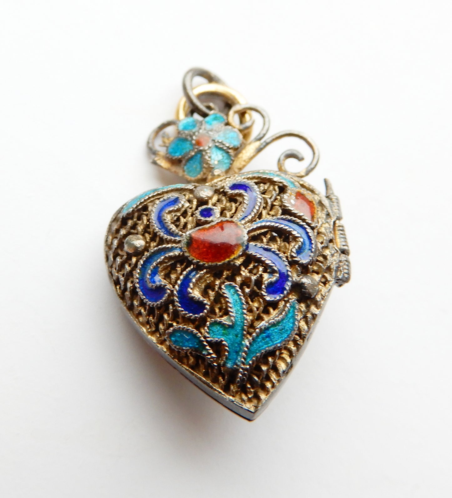 Antique Chinese Silver Gilt Enamel Filigree Locket