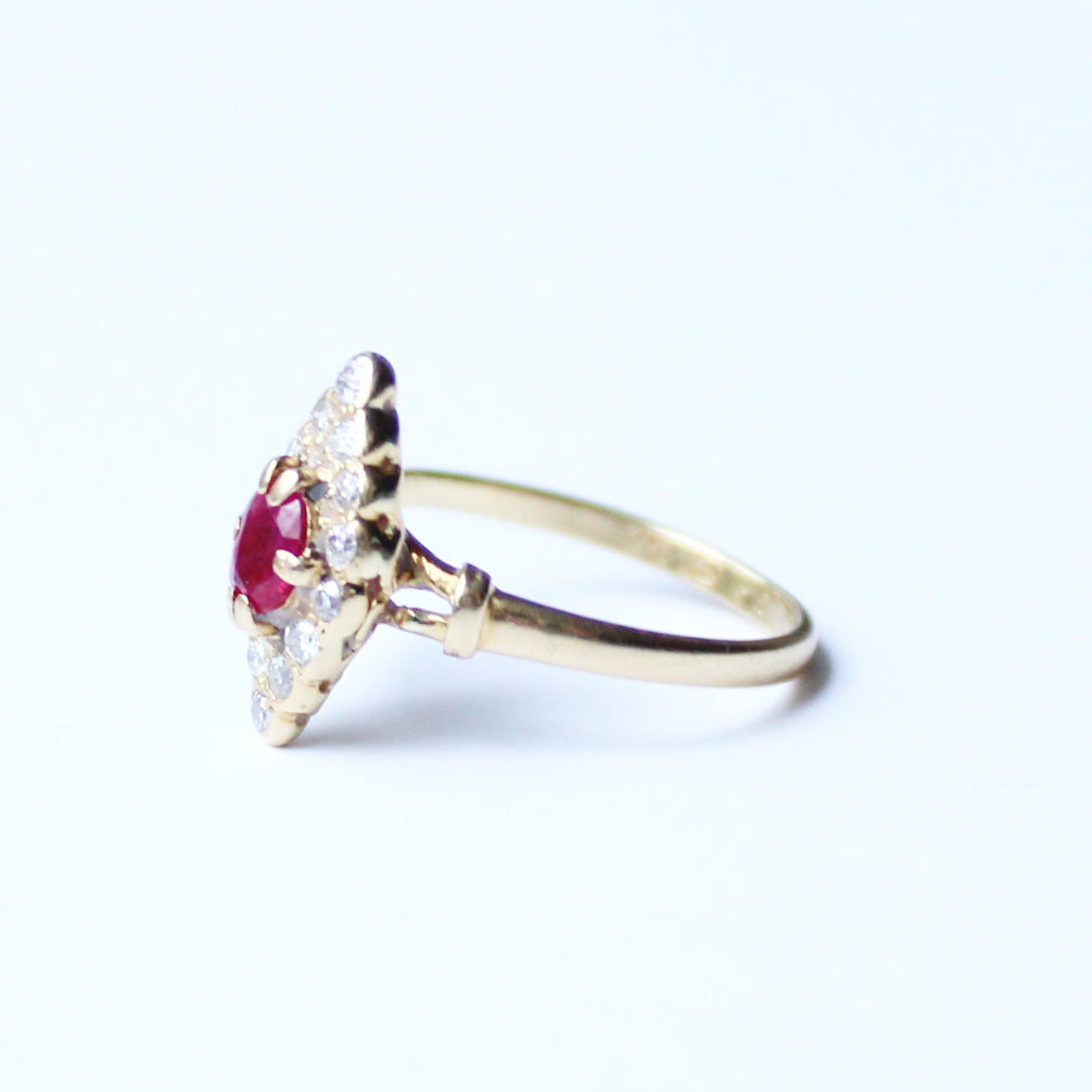 Antique 18ct Gold Ruby & Diamond Navette Ring