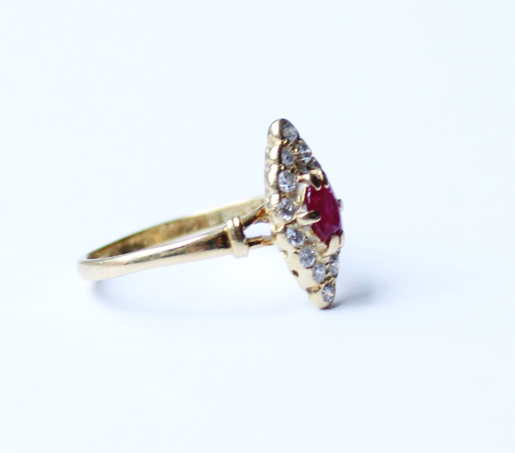 Antique 18ct Gold Ruby & Diamond Navette Ring