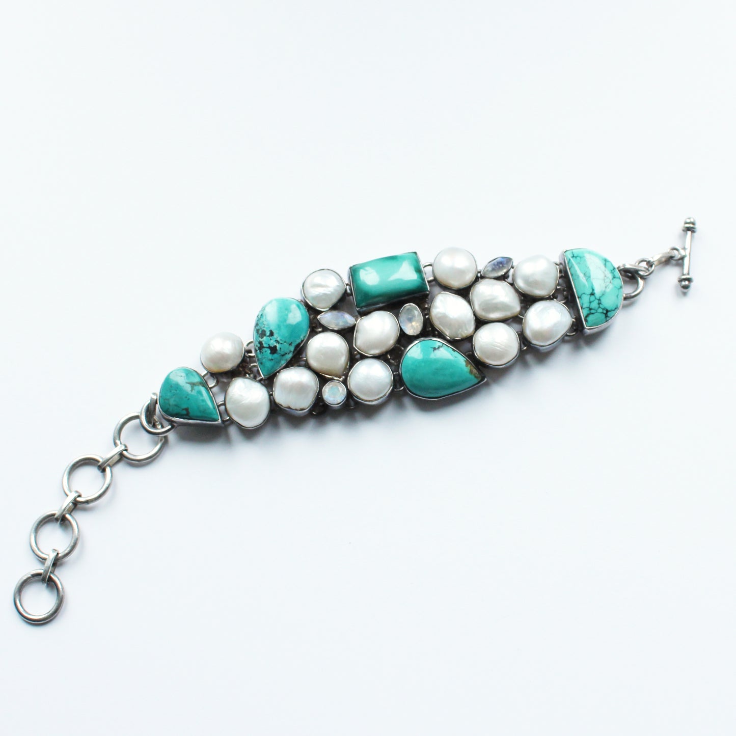 Vintage Sterling Silver Moonstone, Turquoise & Pearl Bracelet