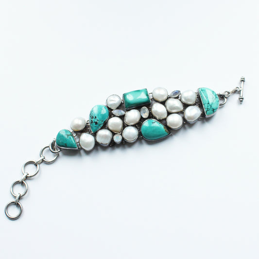 Vintage Sterling Silver Moonstone, Turquoise & Pearl Bracelet