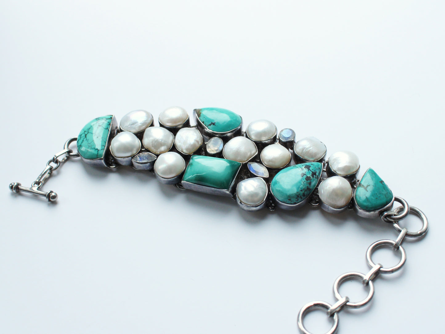 Vintage Sterling Silver Moonstone, Turquoise & Pearl Bracelet