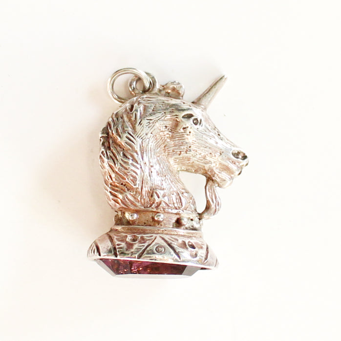 Antique Solid Silver Unicorn Fob with Amethyst Glass Base