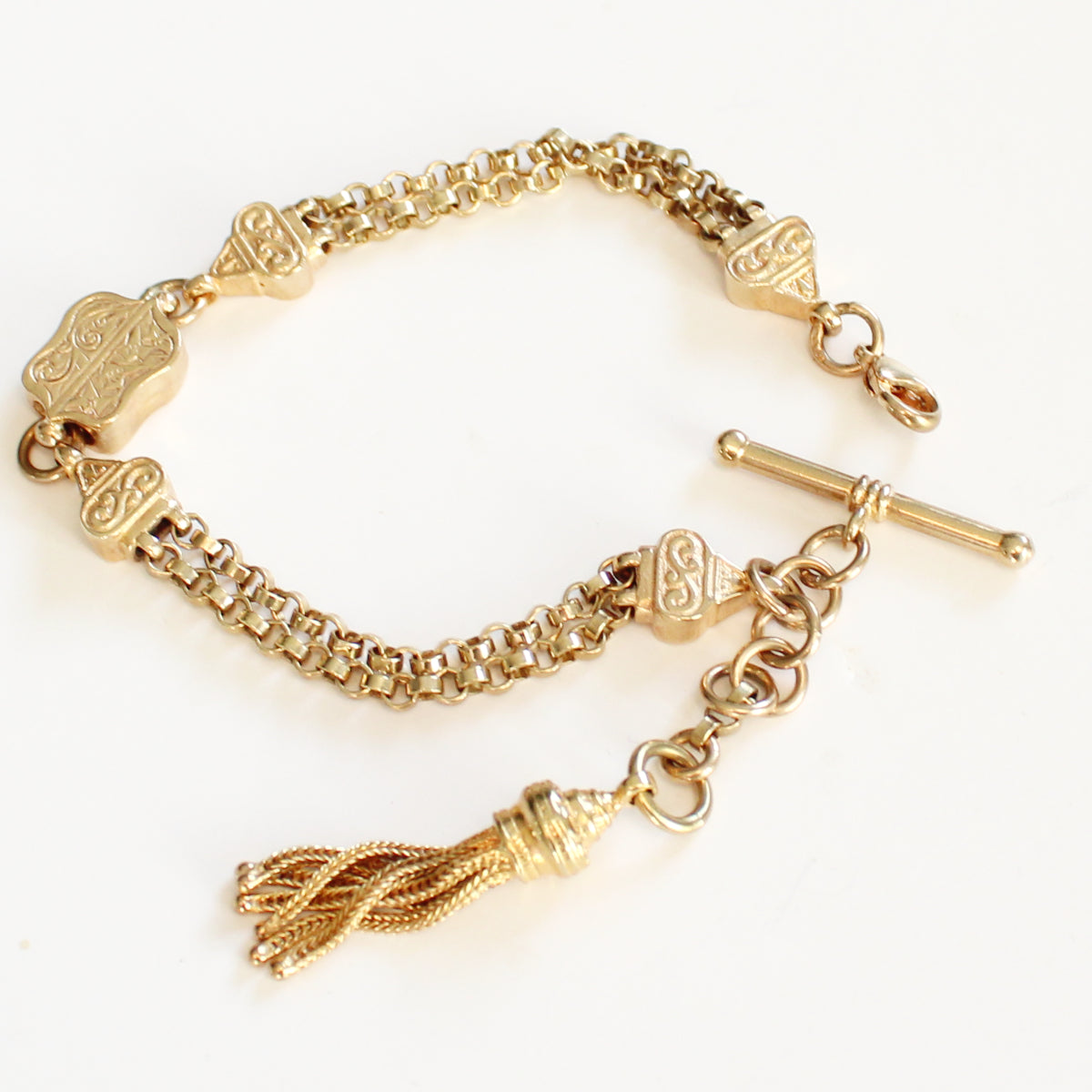 Antique 9ct Gold Chased T Bar Tassel Bracelet