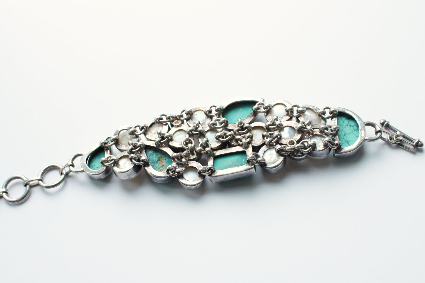 Vintage Sterling Silver Moonstone, Turquoise & Pearl Bracelet