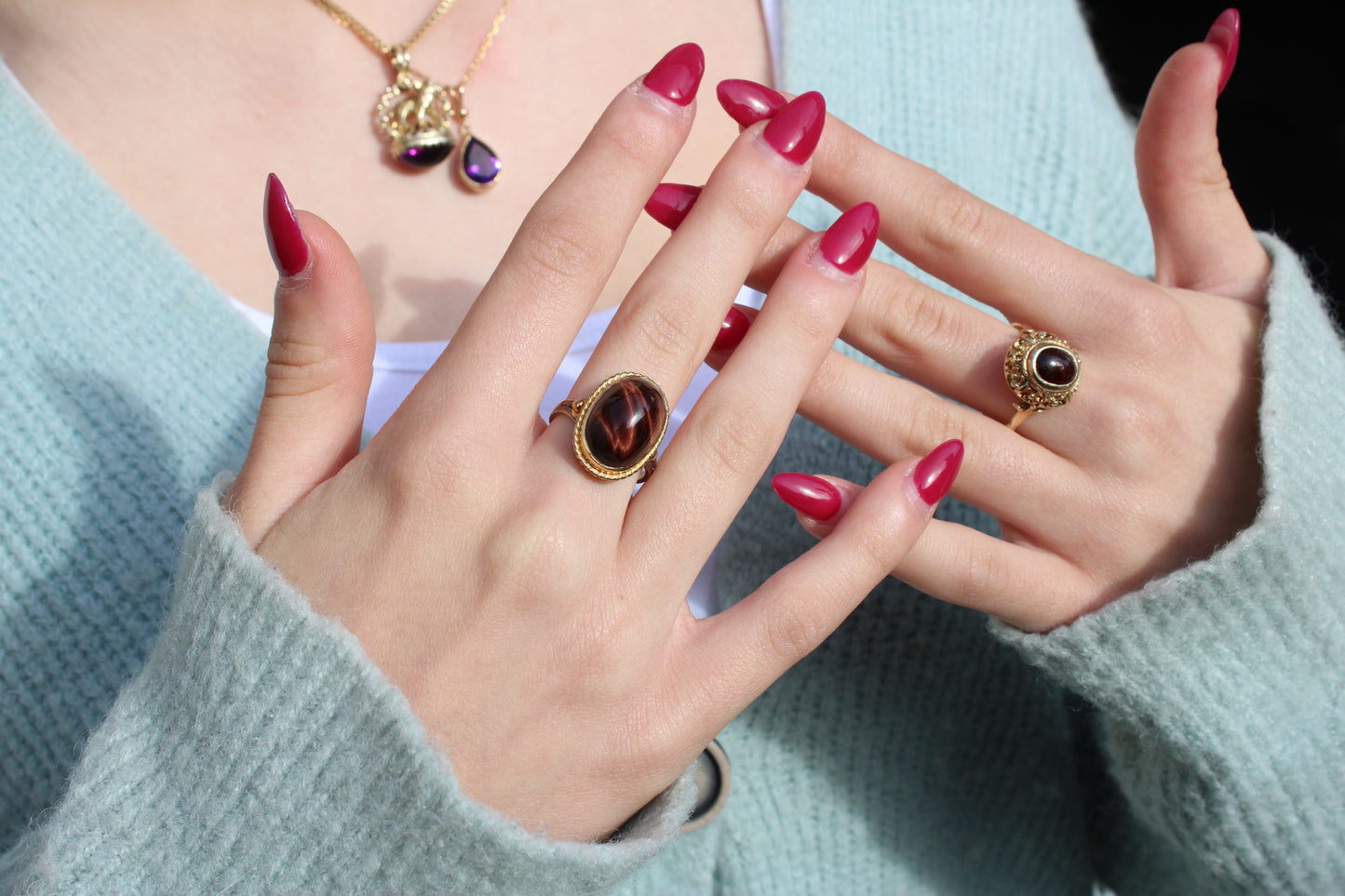 Vintage Solid Silver Gilt Polished Tiger's Eye Ring