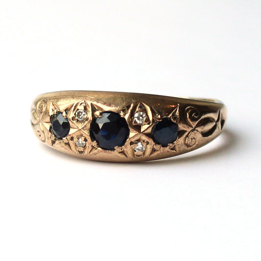 Vintage 9ct Gold Sapphire & Diamond Gypsy Ring