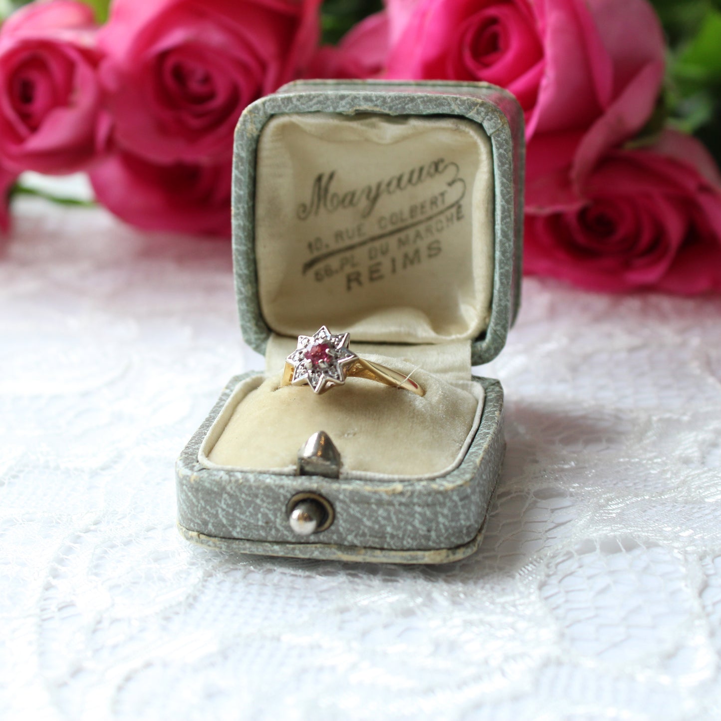Antique 18ct Gold Ruby Diamond Star Ring