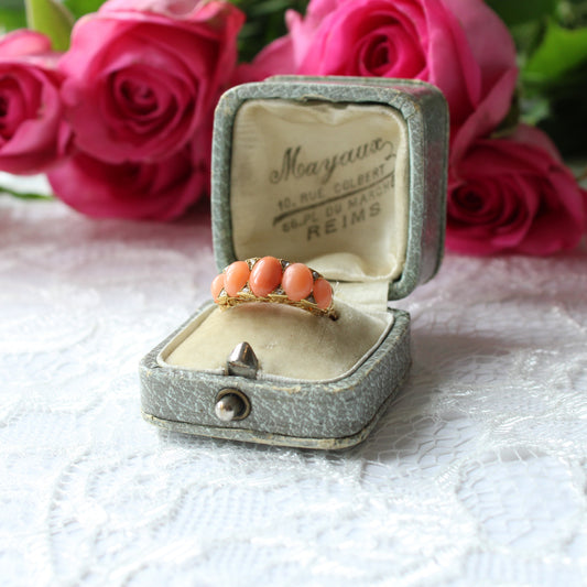 Antique 18ct Gold Coral & Diamond Boat Ring