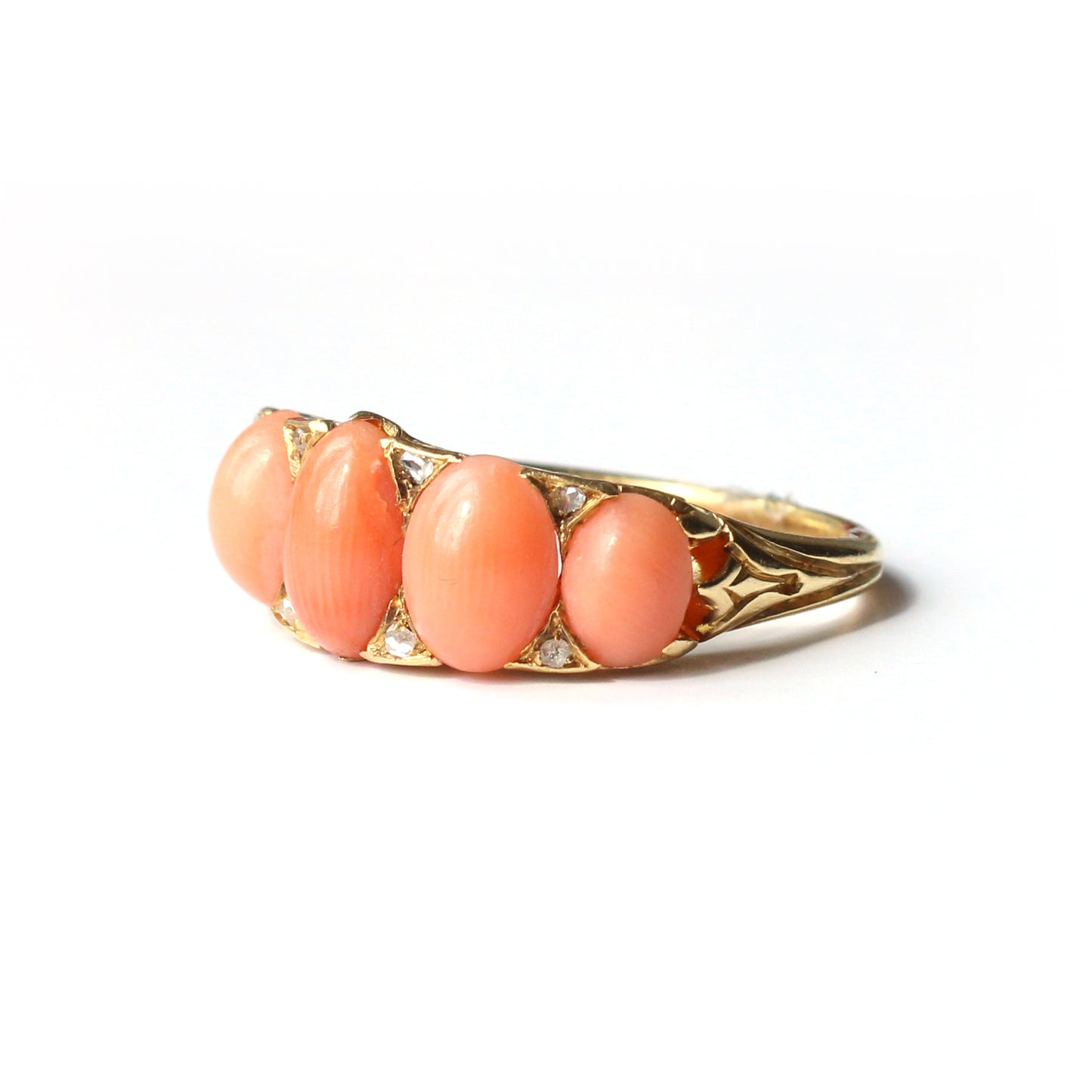 Antique 18ct Gold Coral & Diamond Boat Ring