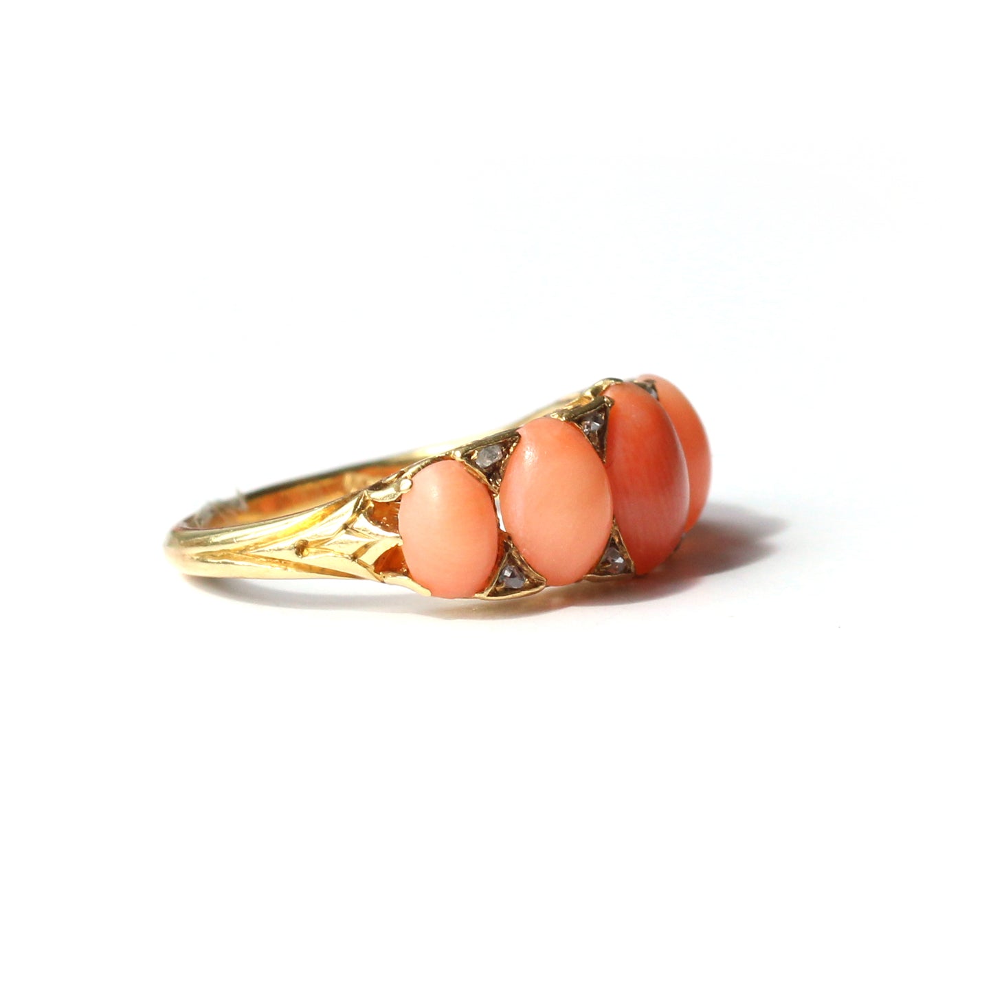 Antique 18ct Gold Coral & Diamond Boat Ring