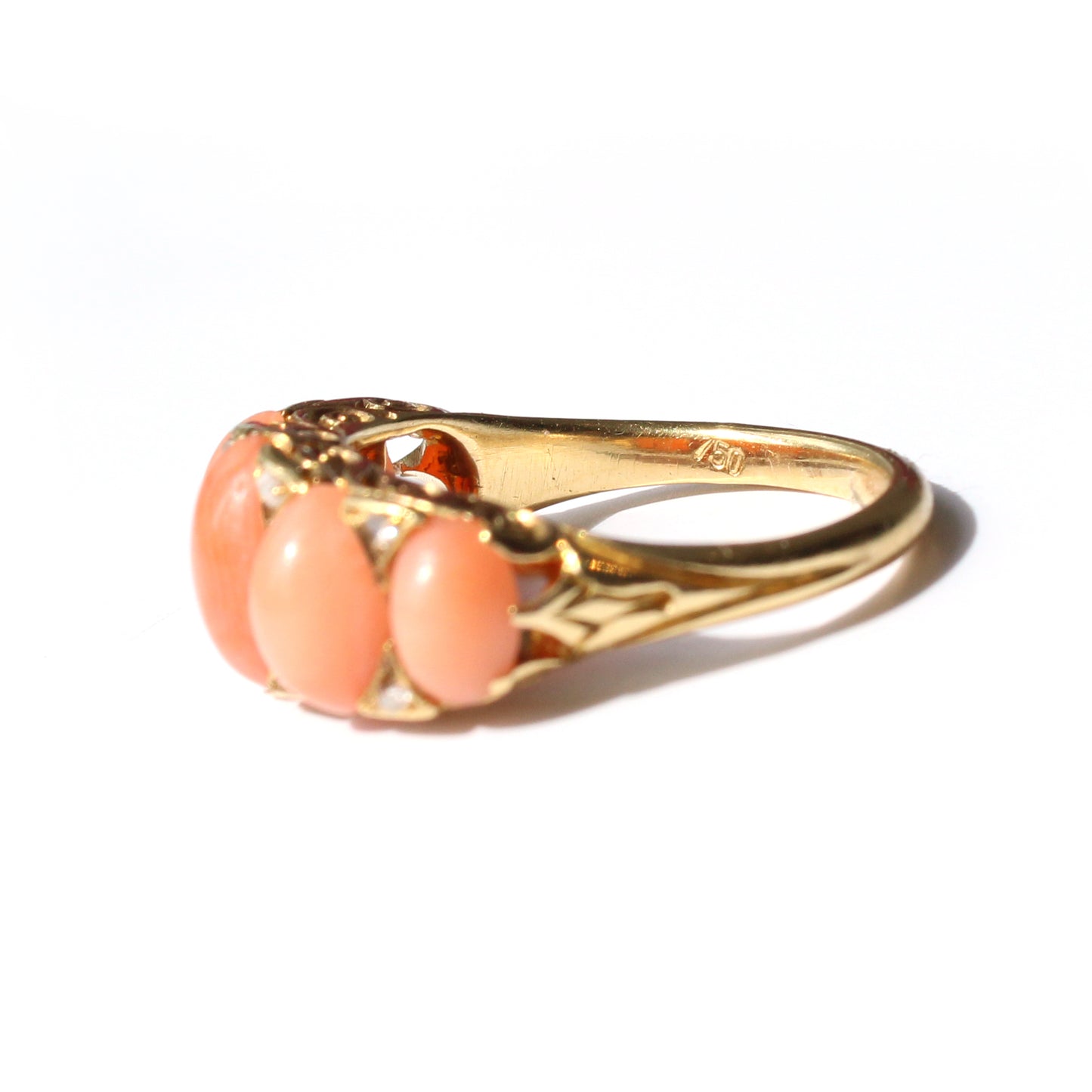 Antique 18ct Gold Coral & Diamond Boat Ring