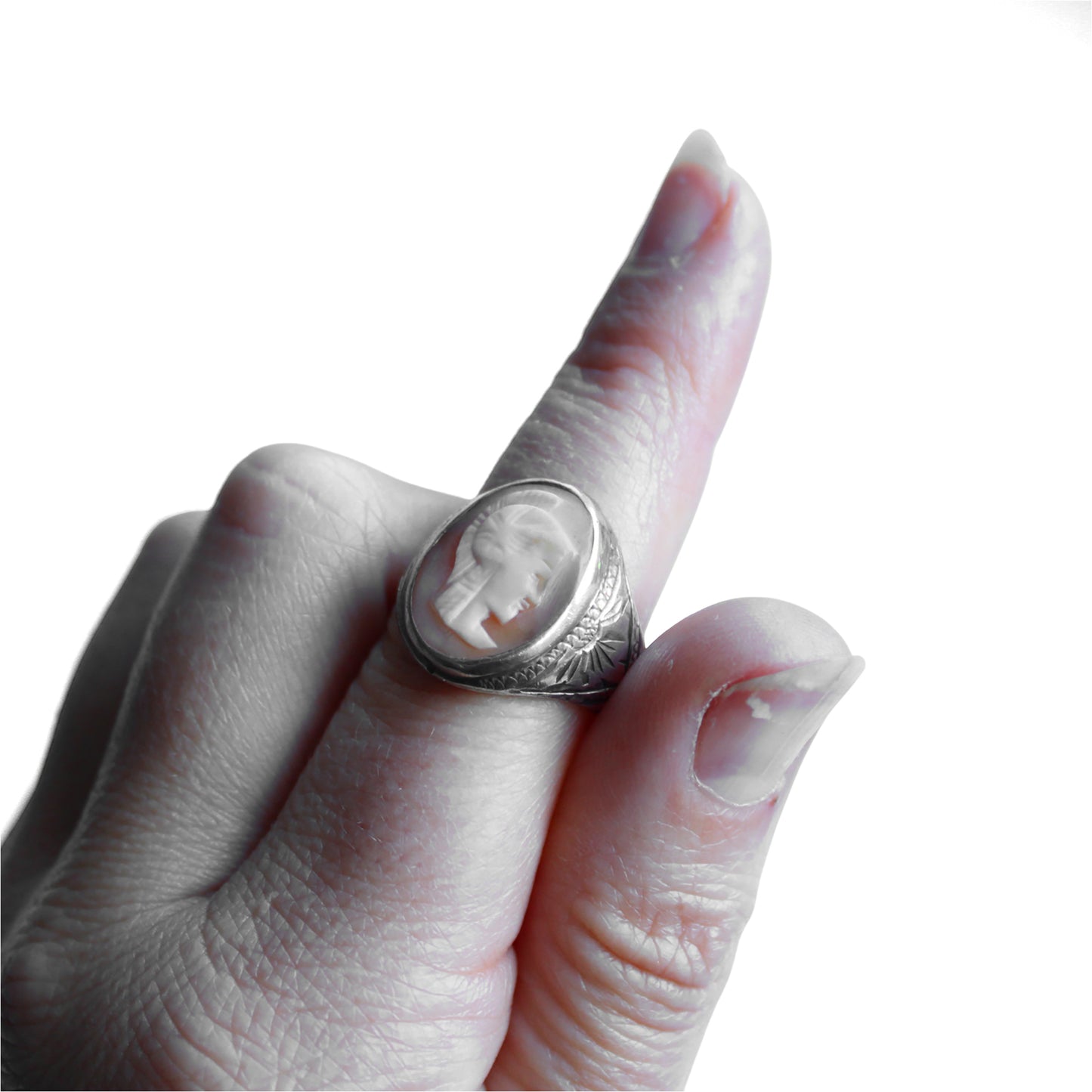 Mid-Century Sterling Silver Shell Roman Emperor Cameo Signet Ring