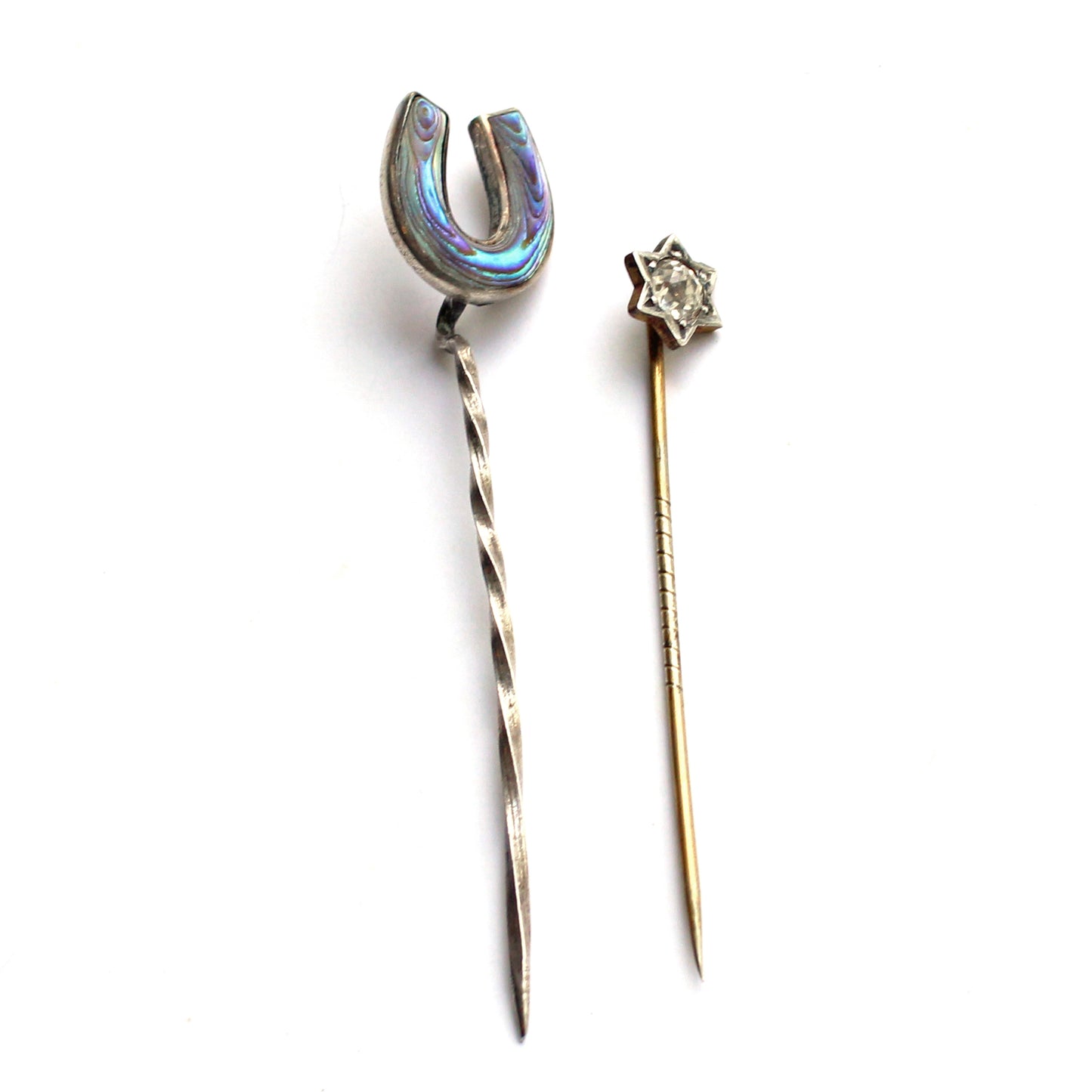 Pair Sterling Silver Antique Stick Pins Horseshoe & Star