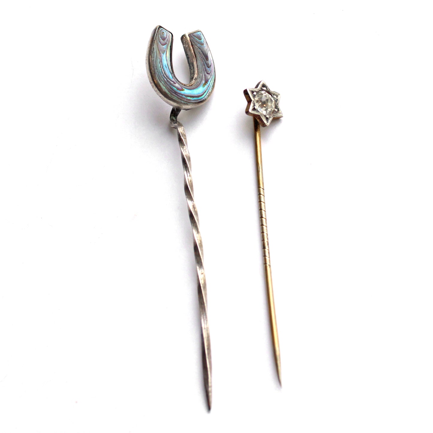 Pair Sterling Silver Antique Stick Pins Horseshoe & Star