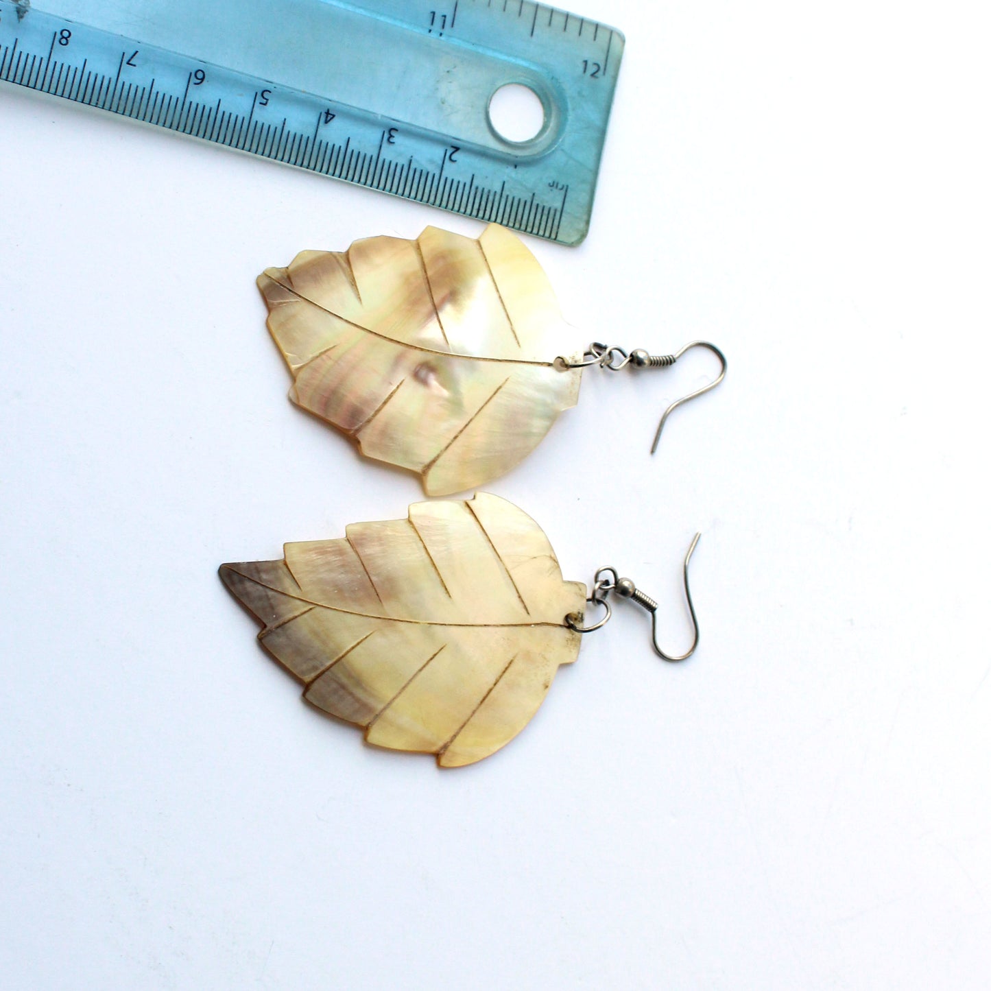 Vintage Handmade Mother of Pearl Shell Leaf Earrings