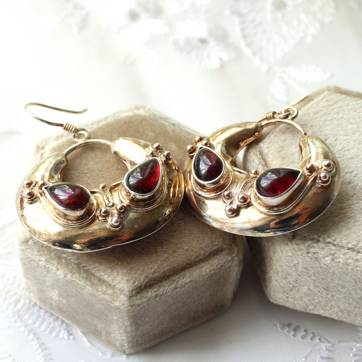 Vintage Solid Silver Boho Garnet Cabochon Earrings