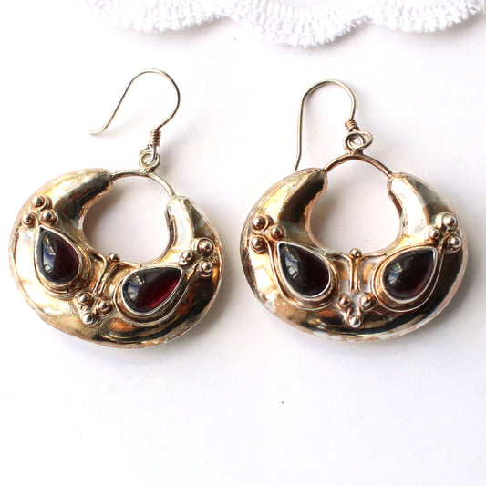 Vintage Solid Silver Boho Garnet Cabochon Earrings