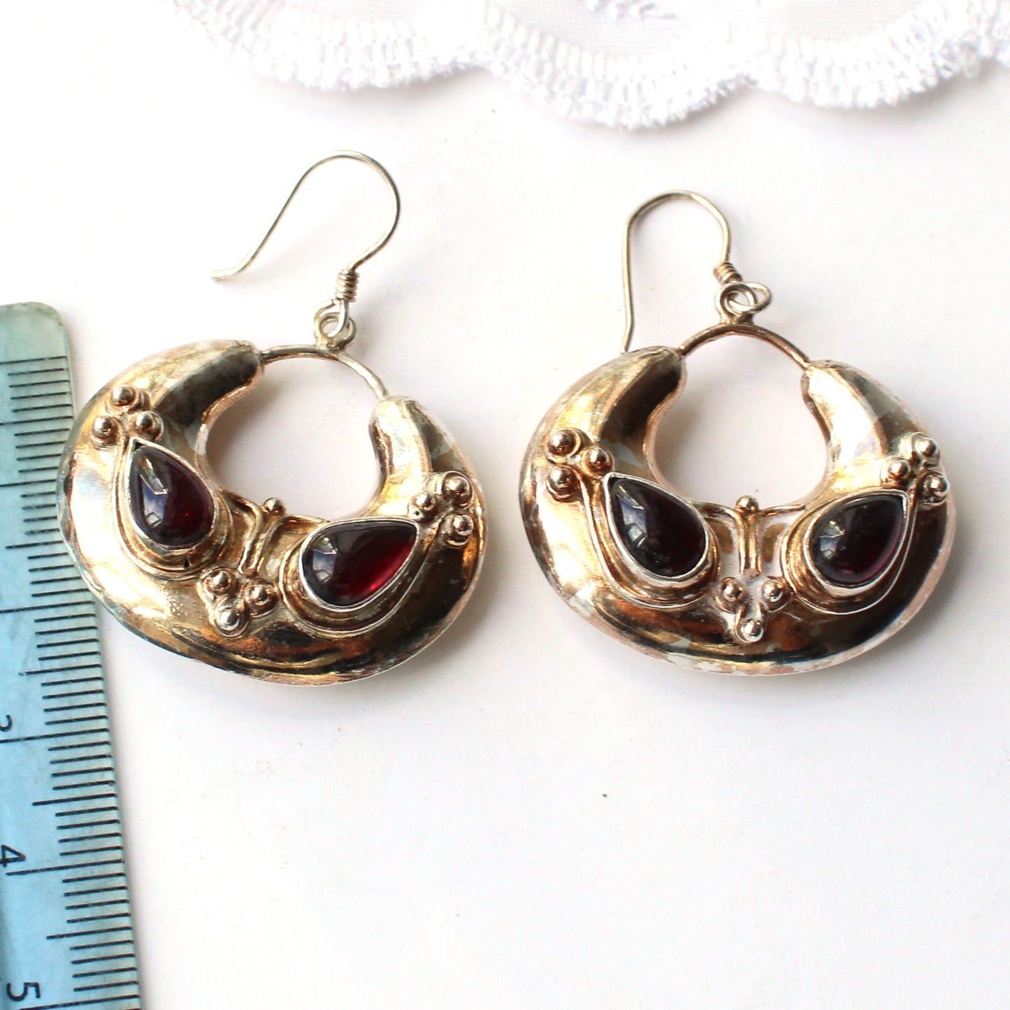 Vintage Solid Silver Boho Garnet Cabochon Earrings