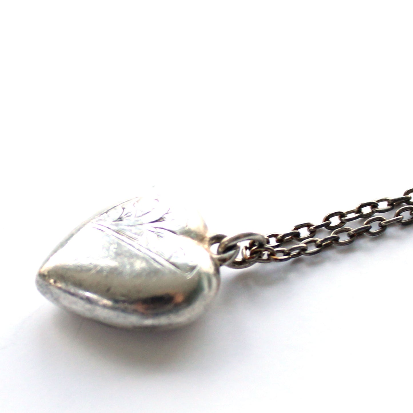 Antique Sterling Silver Puffy Heart Charm Necklace