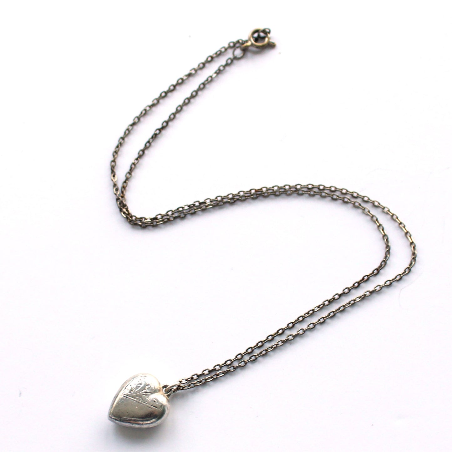 Antique Sterling Silver Puffy Heart Charm Necklace