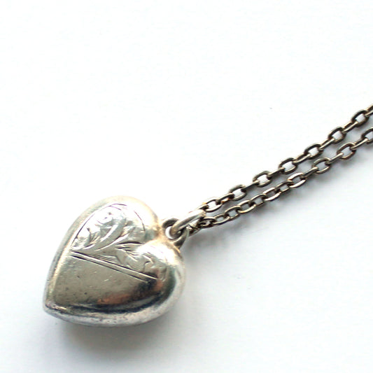 Antique Sterling Silver Puffy Heart Charm Necklace