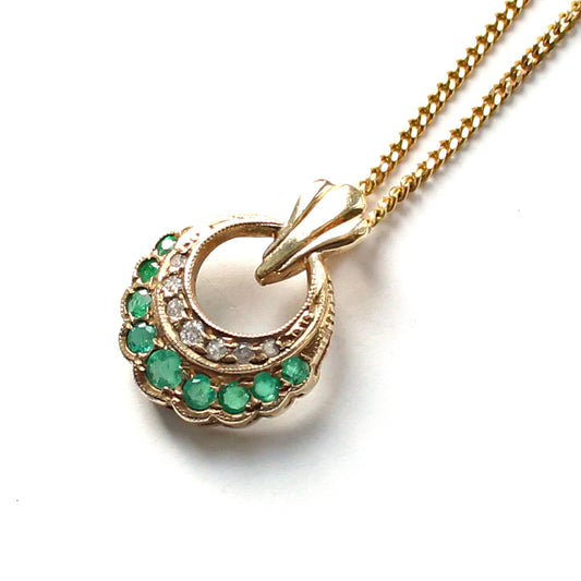 9ct Gold Emerald & Diamond Crescent Pendant with 9ct Gold Chain