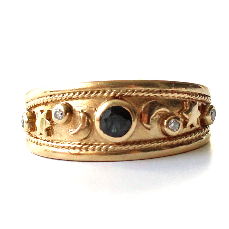 Vintage Chunky 9ct Gold Sapphire Diamond Moon & Stars Band