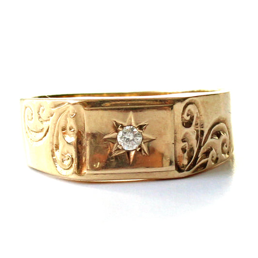 Vintage 9ct Gold Diamond Starburst Signet Ring