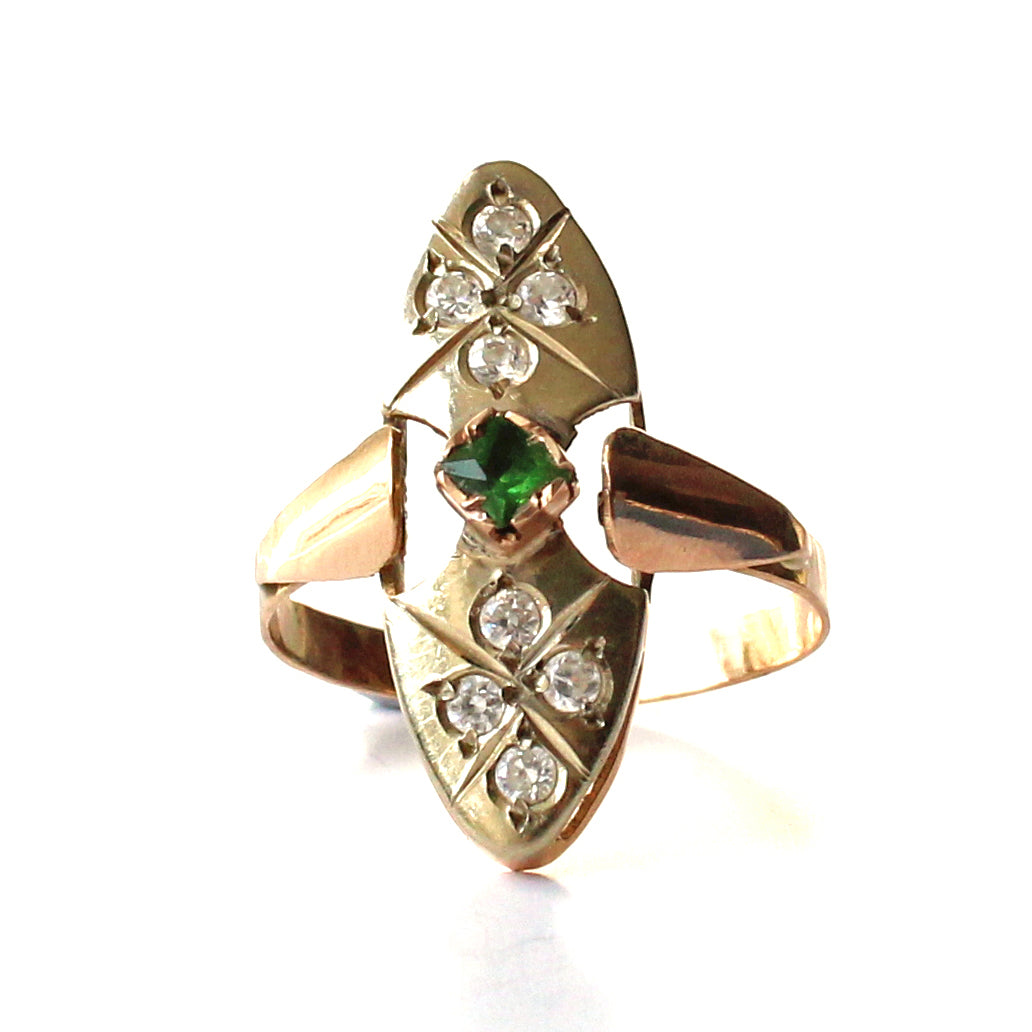 Antique 9ct Gold Spinel Emerald Paste Navette Ring