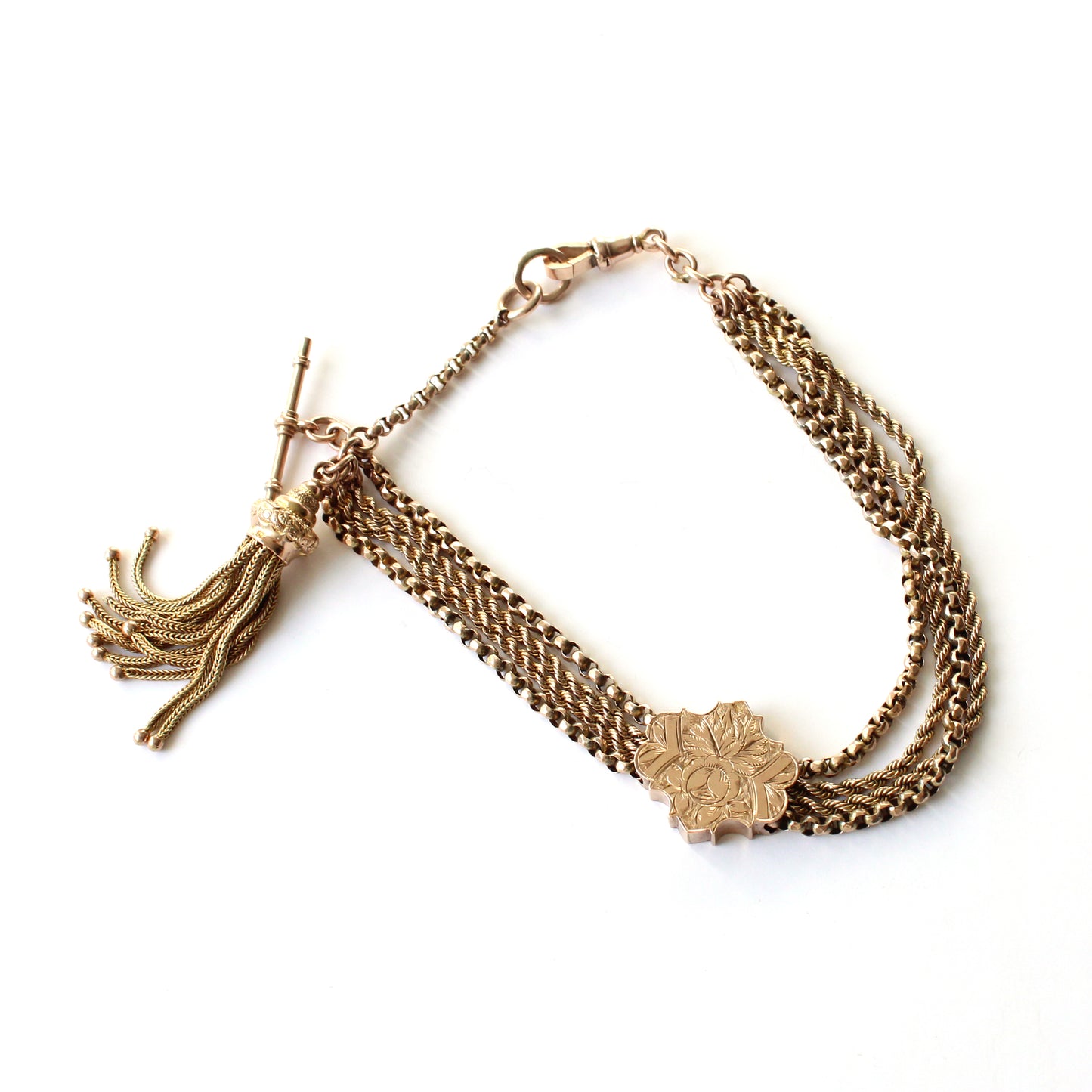 Victorian 9ct Gold Albert Chain with Tassel T-Bar & Dog-Clip 28.1g