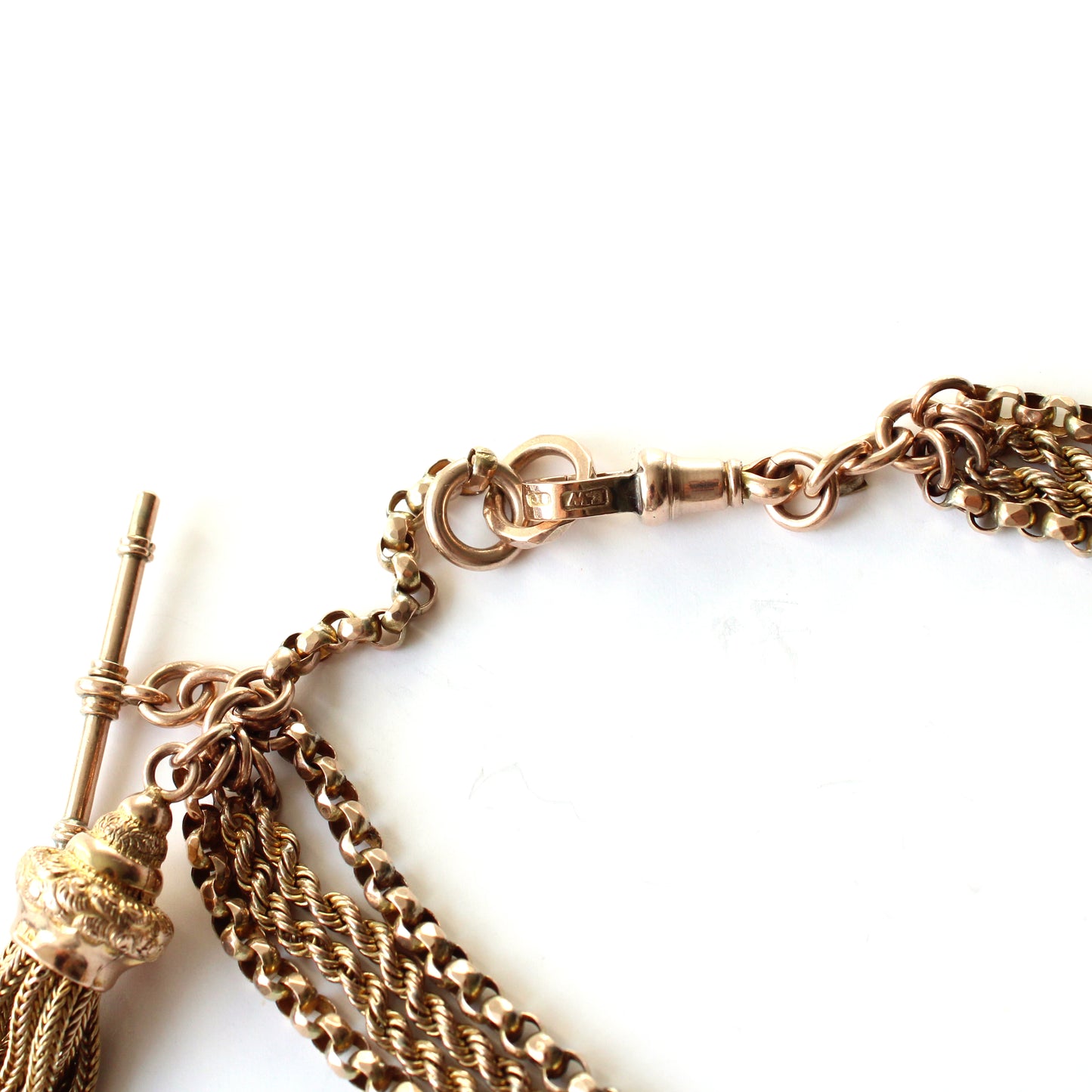 Victorian 9ct Gold Albert Chain with Tassel T-Bar & Dog-Clip 28.1g