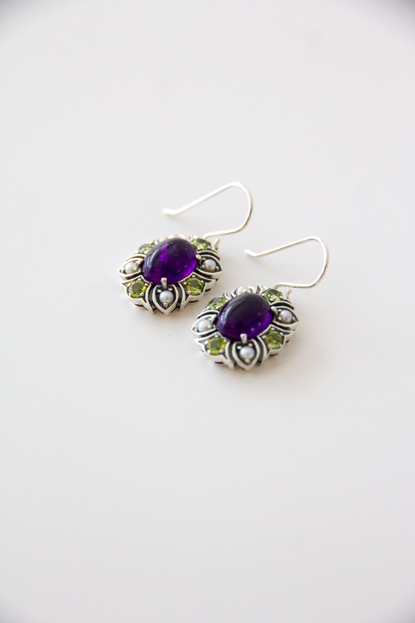 Sterling Silver Suffragette style Earrings with Amethyst Peridot & Seed Pearl