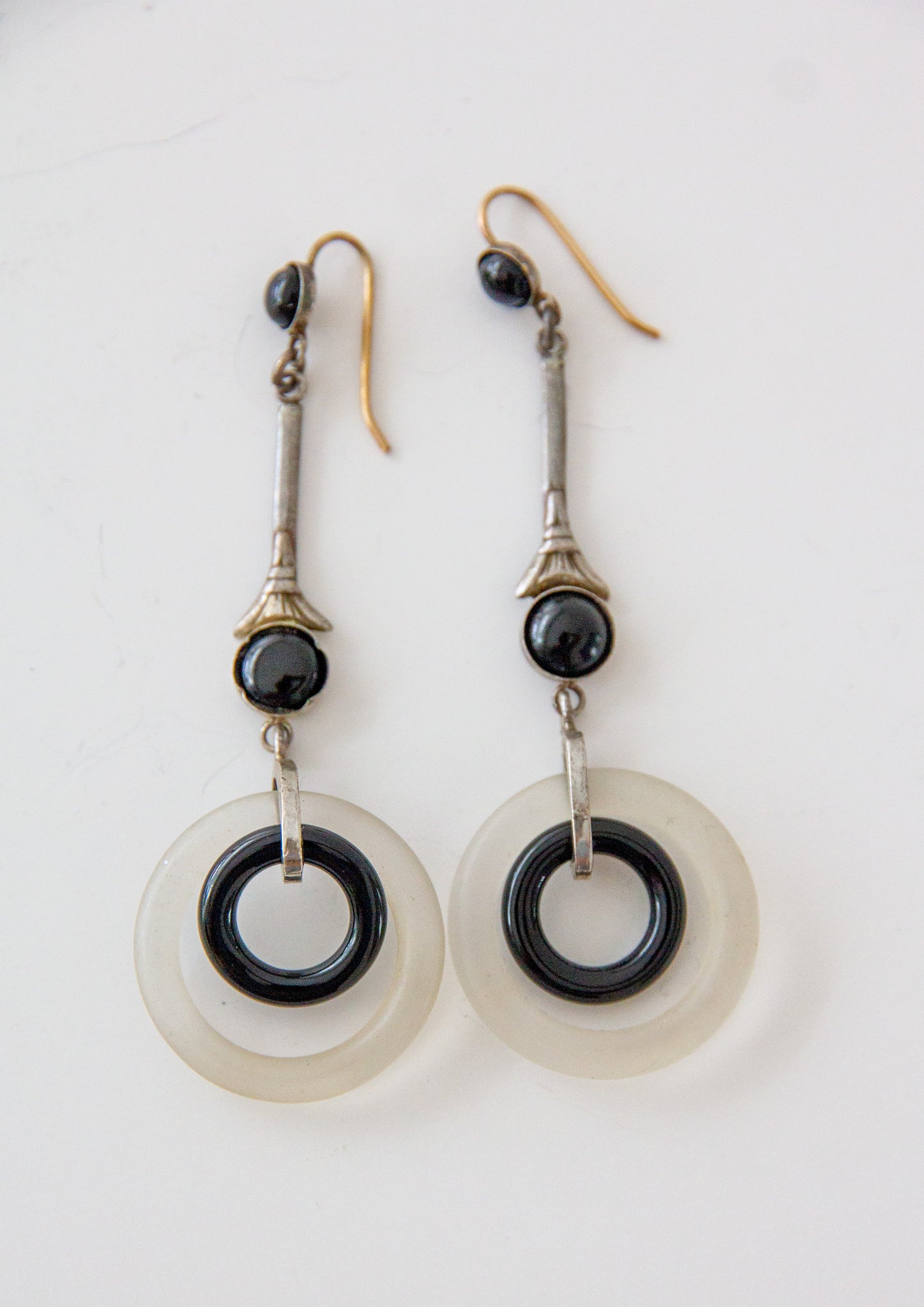 Art Deco style Onyx & Chalcedony Hoop Drop Earrings with 9ct Gold Hook