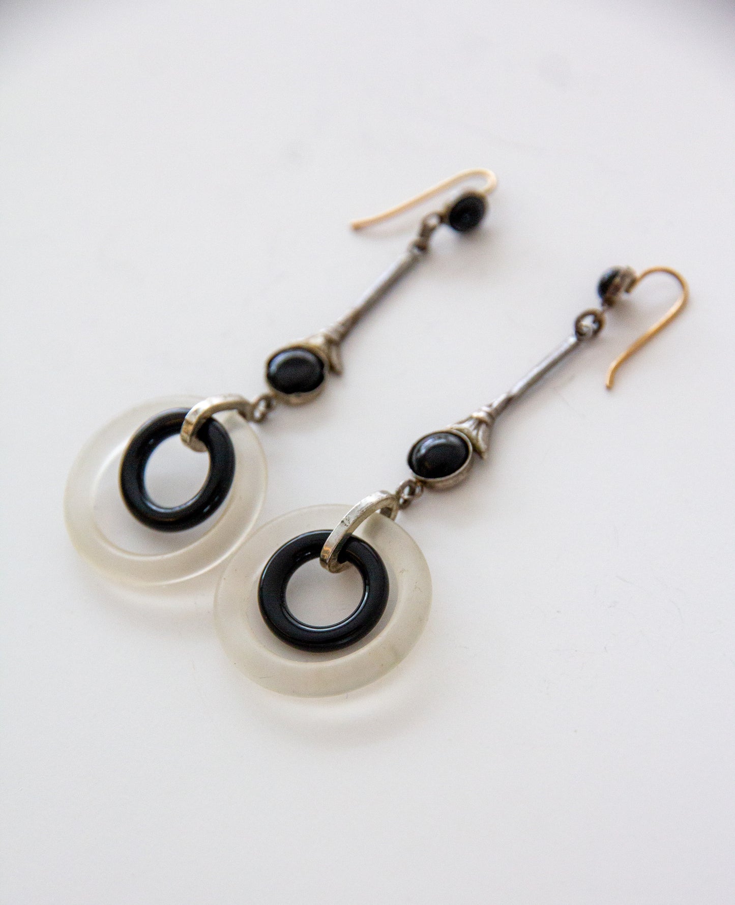 Art Deco style Onyx & Chalcedony Hoop Drop Earrings with 9ct Gold Hook