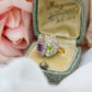 Edwardian Style Amethyst Peridot Double Heart 18ct Gold on Silver Ring