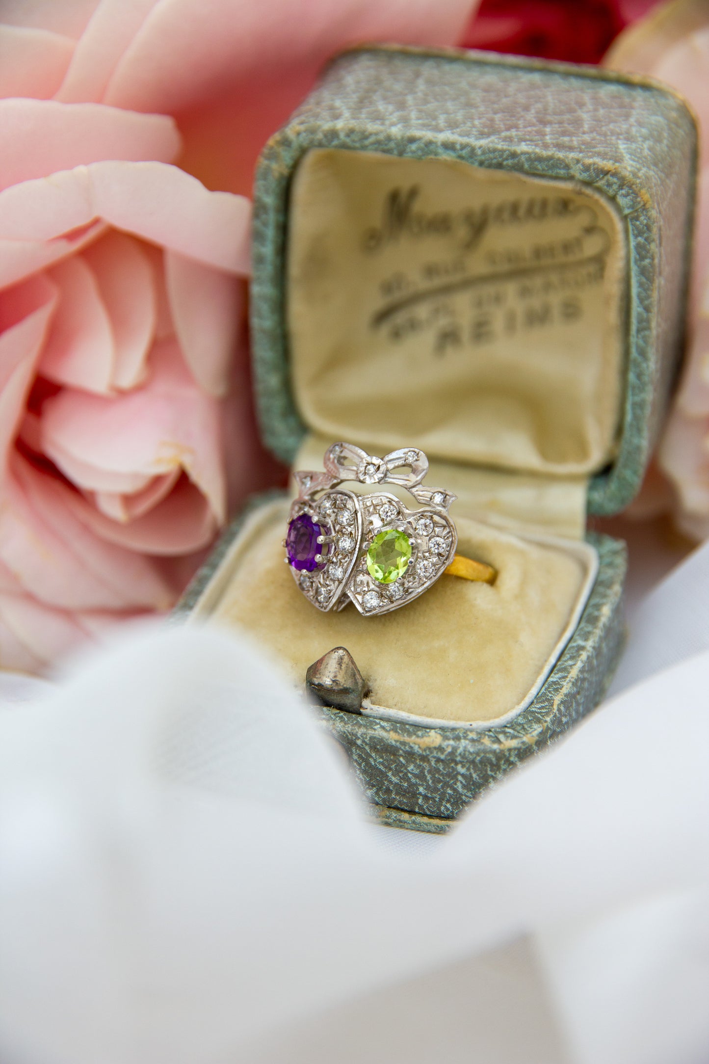 Edwardian Style Amethyst Peridot Double Heart 18ct Gold on Silver Ring