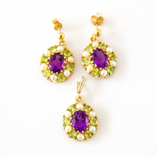 9ct Gold Amethyst Peridot & Pearl Suffragette Pendant & Earring Set