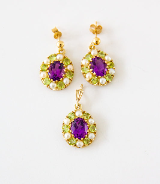 9ct Gold Amethyst Peridot & Pearl Suffragette Pendant & Earring Set