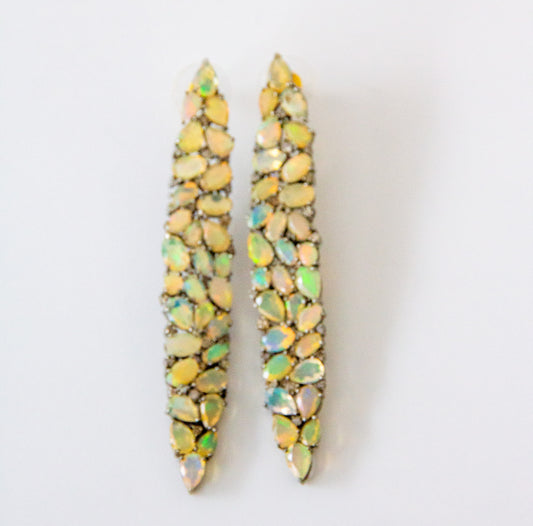 14ct & Silver Ethiopian Opal & Diamond Long Drop Earrings