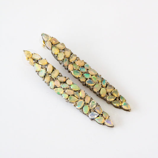 14ct & Silver Ethiopian Opal & Diamond Long Drop Earrings