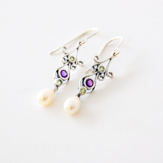 Art Nouveau style Sterling Silver Peridot Amethyst & Pearl Earrings
