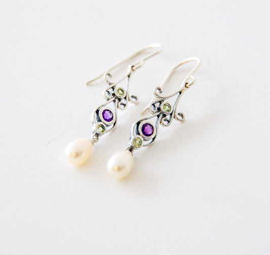 Art Nouveau style Sterling Silver Peridot Amethyst & Pearl Earrings